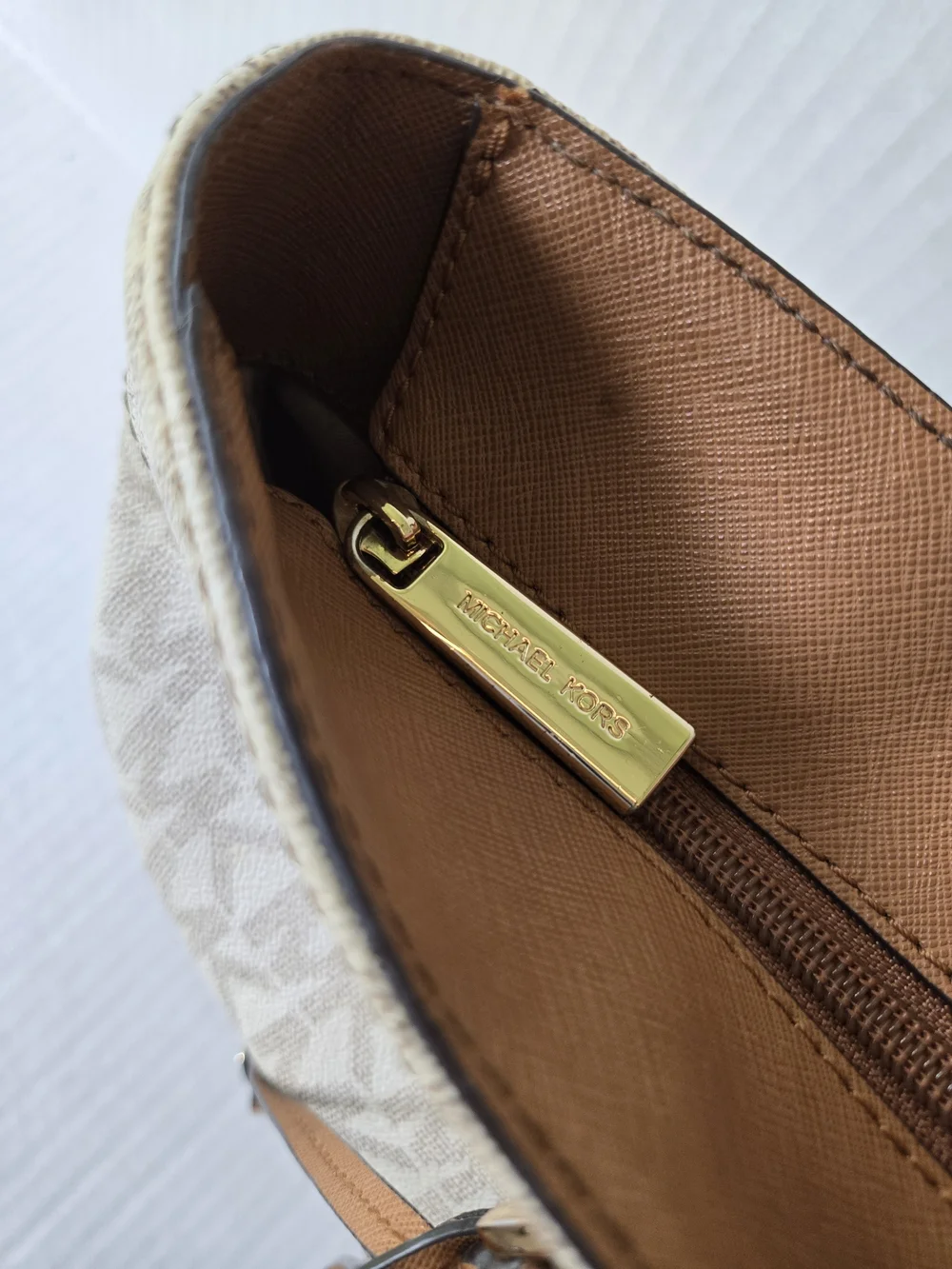 Michael Kors Cream Signature MK Tote with Tan Leather Straps